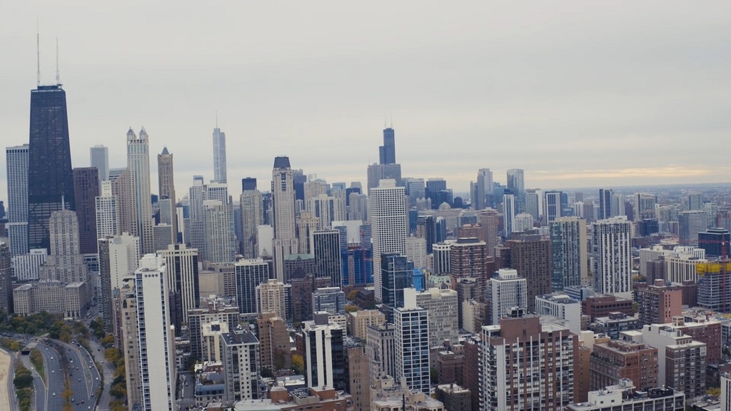 Chicago skyline and surrounding urban residential neighborhoods