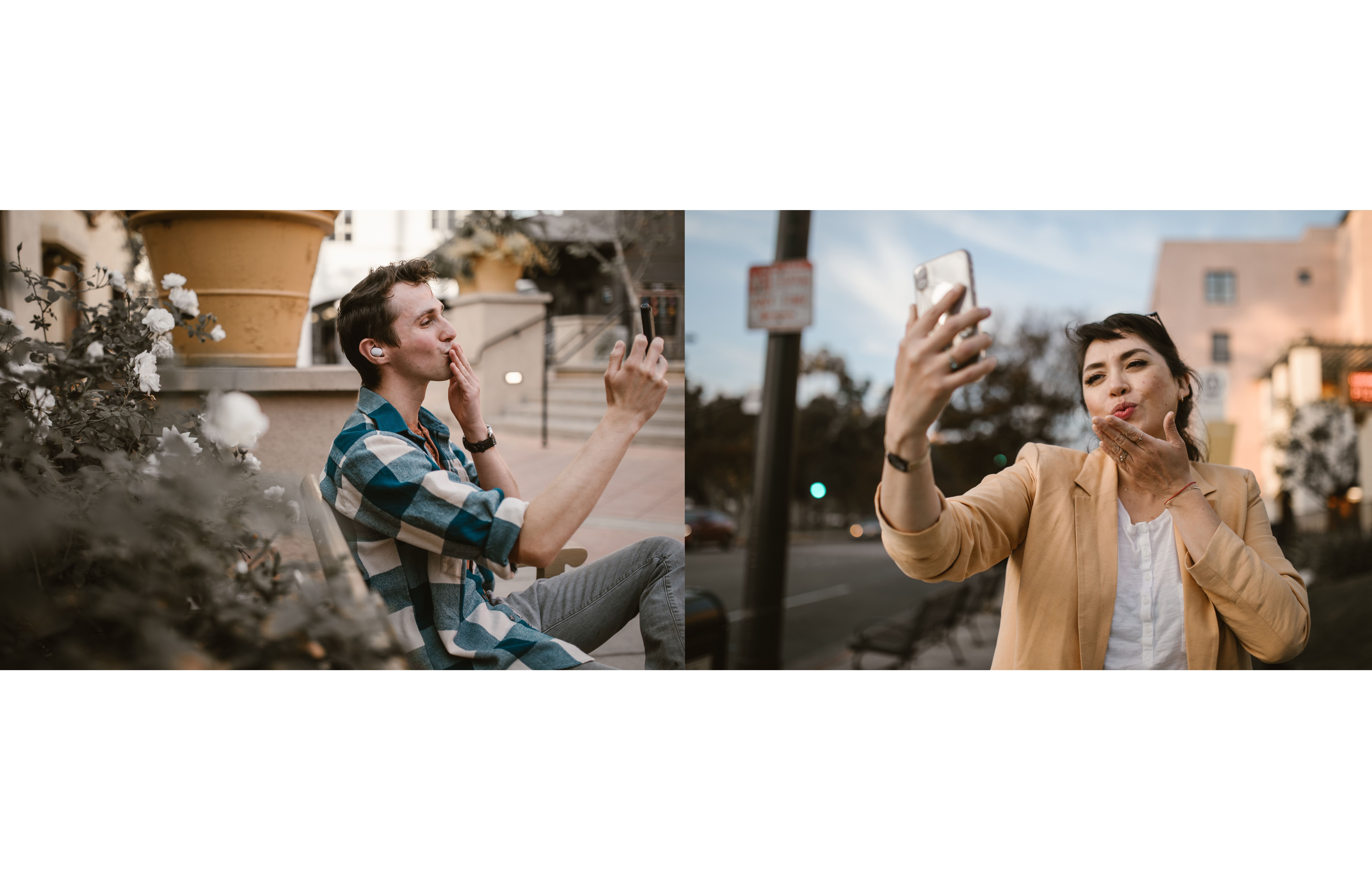 Long-distance couple sharing a virtual kiss through their smartphones